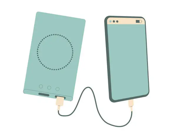 Vector illustration of Power bank with mobile phone isolated on white background. Device for charge with cable and wireless