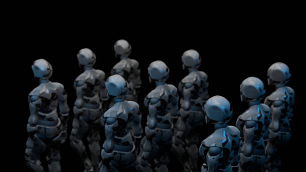 istock robot offensive, squad movement, black background, cyclic animation, background for music 2118404179