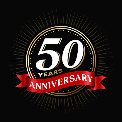 50 years anniversary logo design with ribbon and celebration elements. Company 50 year anniversary badge. 50 TH birthday sign and symbol. Golden color gradient sticker, stamp, tag. Isolated number 50