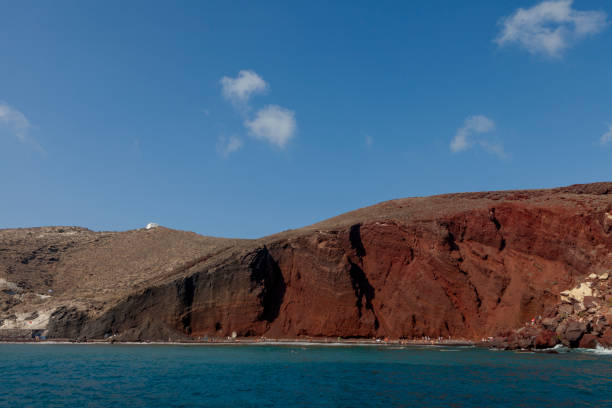Dramatic Red Volcanic Cliffs and Deep Blue Sea at Red Beach, Santorini, Greece. 7 October 2025