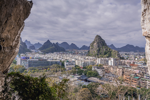 Guilin : Beautiful cityscape along the Lijiang river and lake of Guilin city, Guangxi province, Bird eye view of Guilin city.