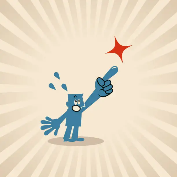 Vector illustration of A blue man points upward with his index finger nervously and fearfully