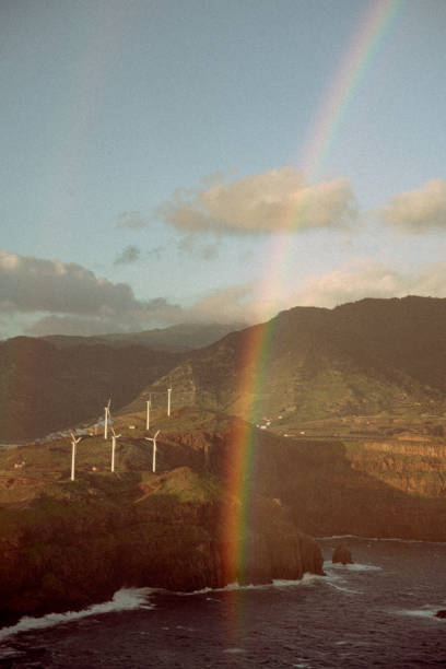 Sustainable living. Wind turbines on greenery island. Climate consciousness.