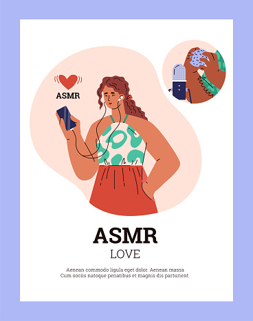 Contented woman listening to ASMR, vector illustration showing love for sensory experiences with phone and earphones.
