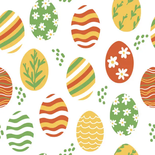 Vector illustration of Easter Eggs Seamless Pattern. Painted Easter Egg Wallpaper with Daisy Flowers, Leaves. Colorful Holiday Print, Fabric, Textile, Fashion Vector Illustration on White Background.