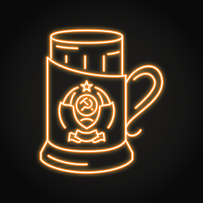 Faceted glass in Soviet style coaster neon icon. Cup holder with USSR coat of arms. Vector illustration.