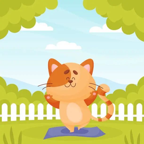 Vector illustration of Funny Cat Domestic Pet Stand in Yoga Pose on Mat in the Yard Vector Illustration