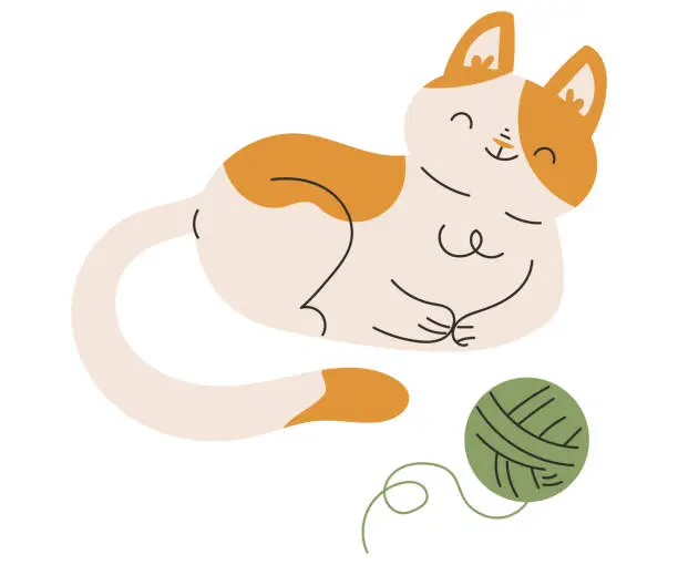 Vector illustration of Funny Cat Domestic Pet with Pretty Snout Sit with Yarn Ball Vector Illustration