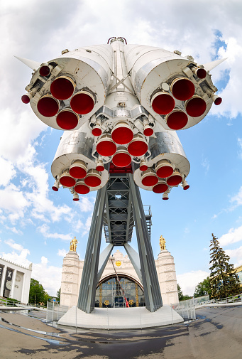 Ostankino district, Moscow - Soviet rocket Vostok 8K72K at the VDNH. Blue sky is on the background.