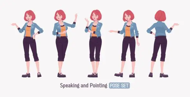 Vector illustration of Attractive young woman talk, point speaker posing