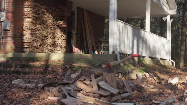 Firewood preparing. Mature man picking stacked firewood pieces and putting them in a woodpile in front of the brick house in the forest
