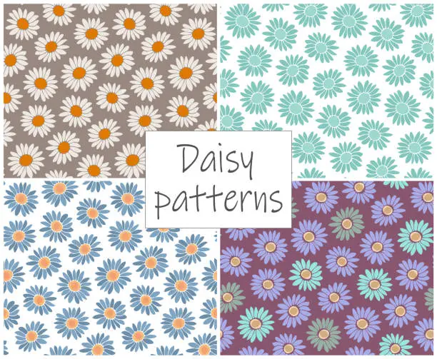 Vector illustration of A collection of floral patterns with cute daisies, a set of seamless backgrounds with wildflowers.