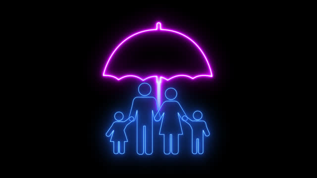Family protection, safety and insurance concept. Vector illustration for father, mother and two kids are under an umbella. Able use graphic isolated transparent background.