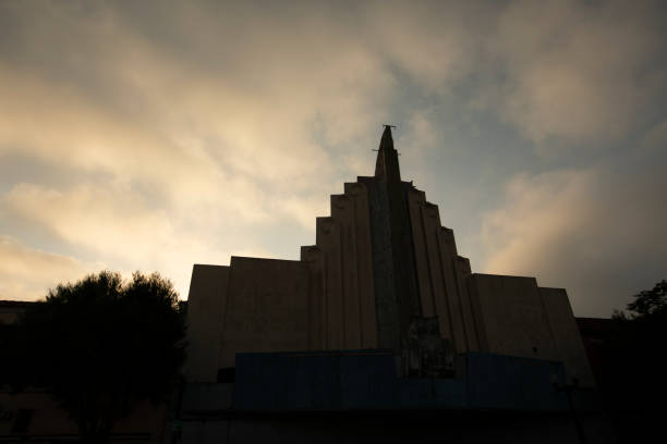Inglewood, California, USA - October 7, 2022: Afternoon foggy sunlight shines on historic downtown Inglewood.