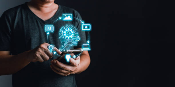 istock Man touch icon ai and use smartphone, Marketers education, research, analyze media video streaming content creation and online marketing strategies to grow their digital business. 2118652012