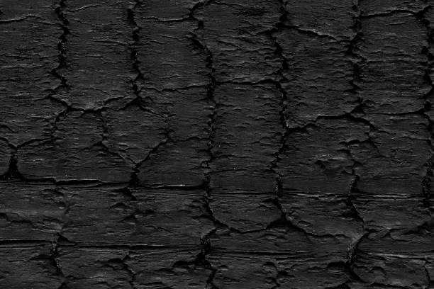 High angle view of a flat textured wooden board backgrounds.It burnt and black colored with fire skill.It is carbonization the surface. It has a beautiful nature and abstractive pattern. A close-up studio shooting shows details and lots of wood grain on the wood table. The piece of wood at the surface of the table also appears rich wooden material on it. The wood is black and pattern on the bottom. Flat lay style. Its high-resolution textured quality. The close-up gives a direct view on the table, showing cracks and knotholes in the wood.