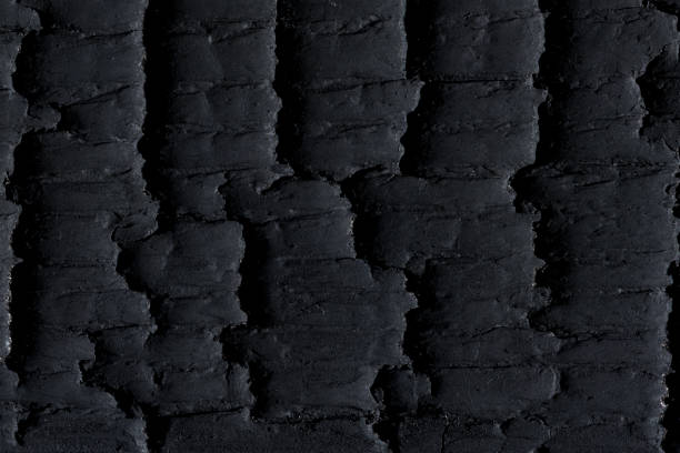High angle view of a flat textured wooden board backgrounds.It burnt and black colored with fire skill.It is carbonization the surface. It has a beautiful nature and abstractive pattern. A close-up studio shooting shows details and lots of wood grain on the wood table. The piece of wood at the surface of the table also appears rich wooden material on it. The wood is black and pattern on the bottom. Flat lay style. Its high-resolution textured quality. The close-up gives a direct view on the table, showing cracks and knotholes in the wood.