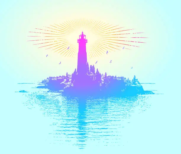 Vector illustration of Lighthouse, island and light beams