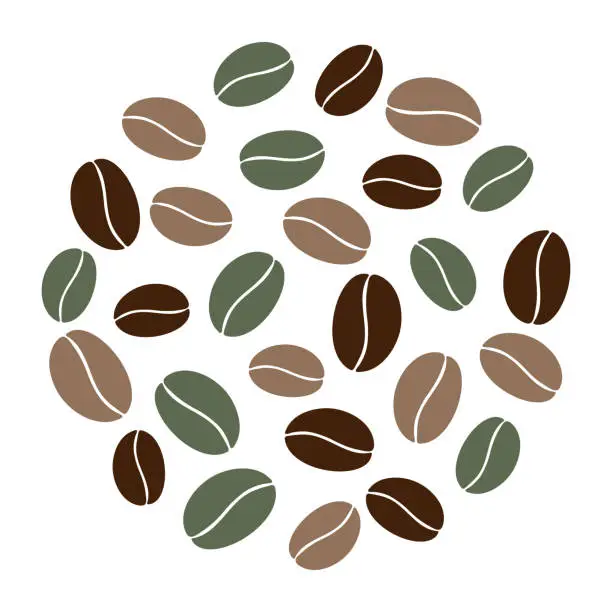 Vector illustration of Round shape of multicolored coffee beans in trendy brown and green. Abstract background texture