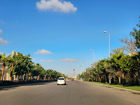 Cairo, Egypt, March 23 2024: New Cairo city street with green areas on both sides of pavements, grass, trees and palm trees,  New Cairo is a satellite city within the metropolitan area of Cairo, selective focus
