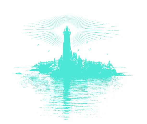 Vector illustration of Lighthouse, island and light beams