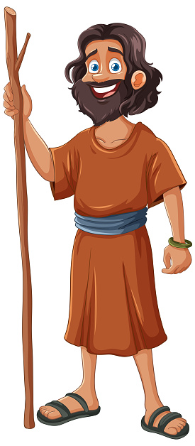 Smiling cartoon man in historical clothing holding a staff.
