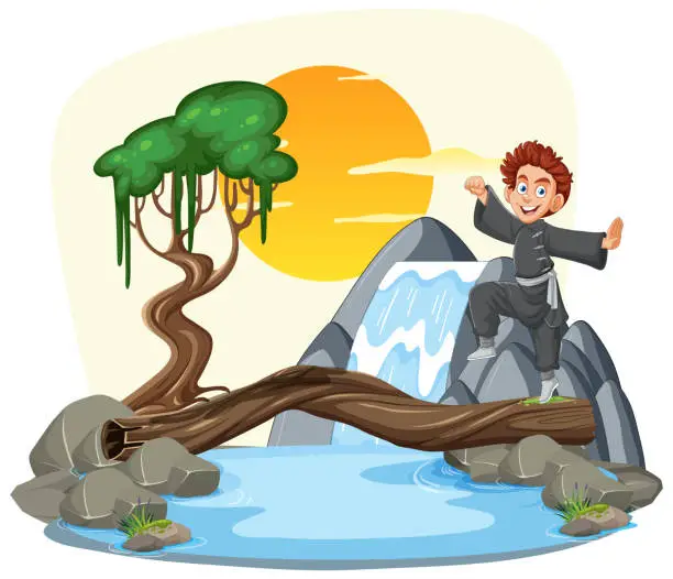 Vector illustration of Happy child traversing a log bridge over water