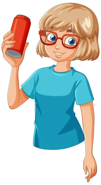 Vector illustration of Cartoon girl holding a red soda can smiling