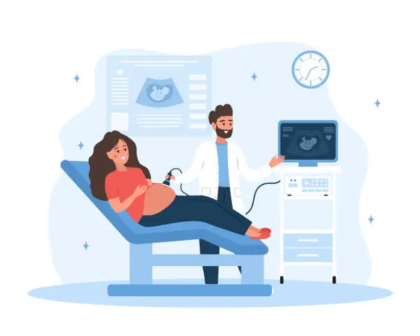 Vector illustration of Ultrasound pregnancy screening concept. Male doctor doing fetus screening to future mother. Young girl with belly looking in monitor. Embryo health diagnostic. Cartoon vector illustration