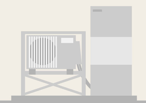 bildmaterial eines auf einem sockel installierten warmwasserbereiters - wärmepumpe stock-grafiken, -clipart, -cartoons und -symbole