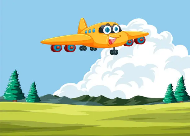 Vector illustration of Cartoon airplane with face flying above green fields