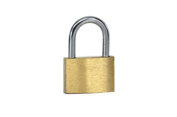 istock Brass pad lock isolated on the white background 2118776287