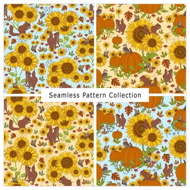 Vector illustration of Set of 2 Sunflower Seamless Forest Animal Patterns with Squirrels and Birds