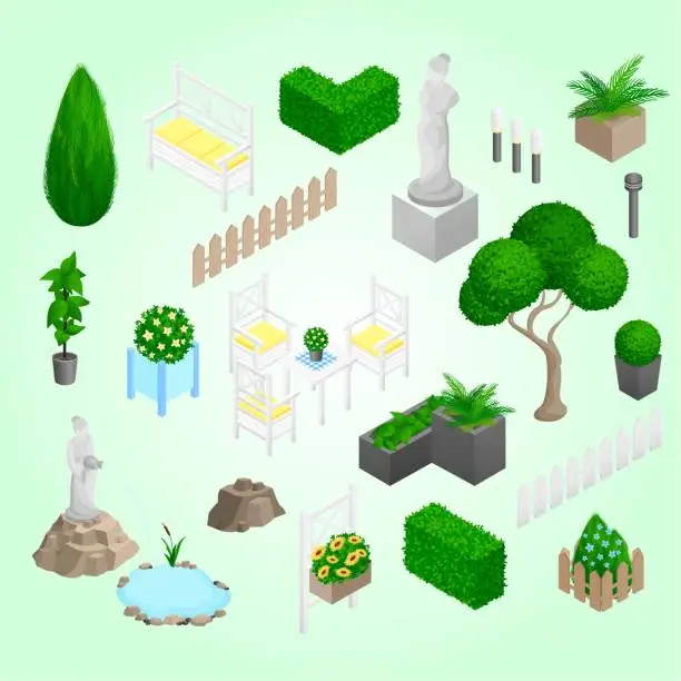 Vector illustration of garden park landscape elements