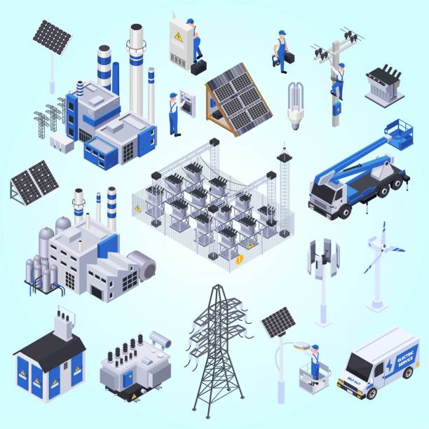 ilustrații de stoc cu icoane izometrice electrice setate cu panouri solare centrale electrice fire de înaltă tensiune izolate pe fundal alb ilustrație vectorială 3d - generator electric