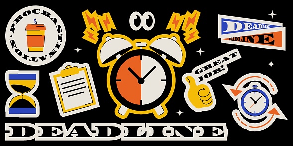 Trendy funny stickers on the topic of work, deadline and procrastination. Retro vector illustration on black dark
