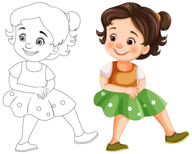 Vector illustration of Colorful and line art illustrations of a happy girl