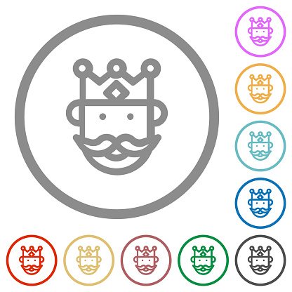 King avatar outline flat color icons in round outlines on white background