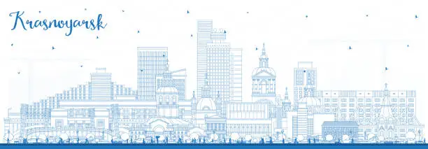 Vector illustration of Outline Krasnoyarsk Russia city skyline with blue buildings. Krasnoyarsk cityscape with landmarks. Business travel and tourism concept with modern and historic architecture.