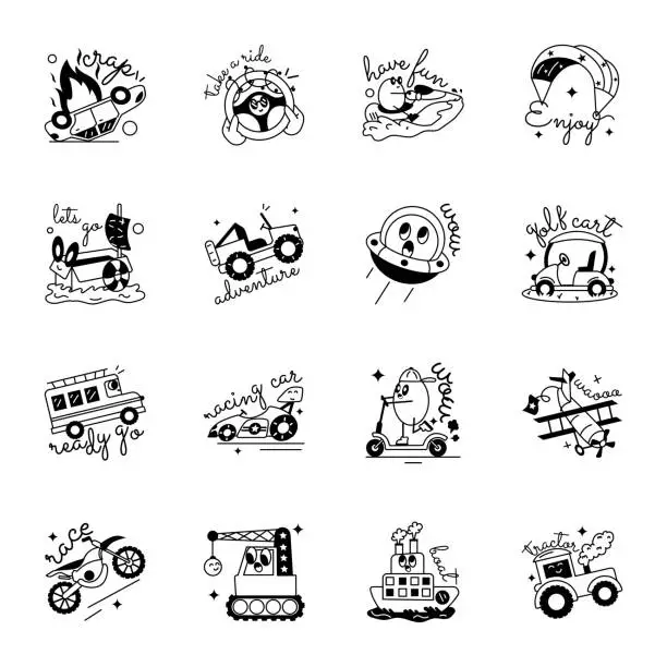 Vector illustration of Bundle of Vehicles Glyph Stickers