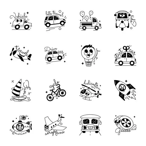 Vector illustration of Collection of Transportation Glyph Stickers