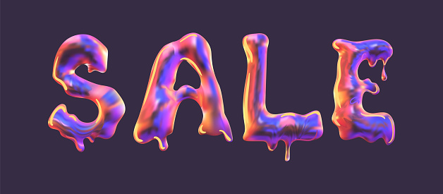 Sale. Volumetric flowing gradient letters, inscription. Airy iridescent balloon, Melty Metallic. For logos, packaging, promotional materials and web banners. holographic Y2k.