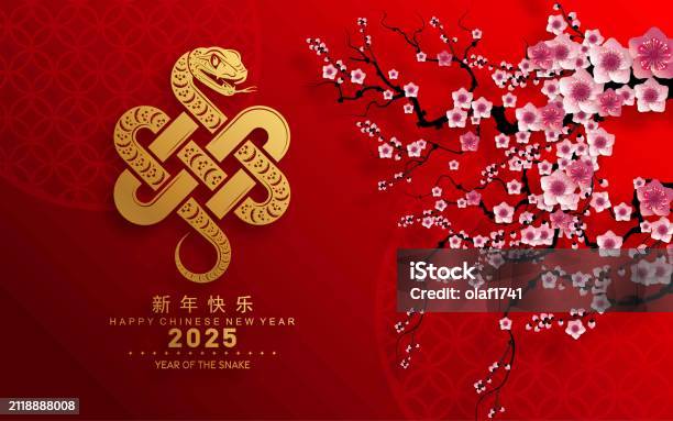 Stock ilustrace Happy Chinese New Year 2025 Year Of The Snake With Flower Lantern Asian Elements Red And Gold Traditional Paper Cut Style On Color Background – stáhnout obrázek nyní