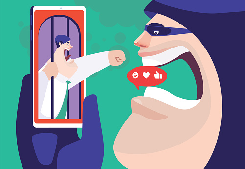 vector illustration of angry businessman jailed on smartphone and meeting hacker