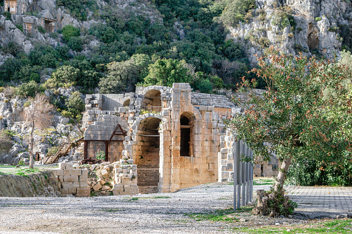 Rock tombs of the necropolis in Demre. The ancient city of Myra, Lycia region, Turkey.
