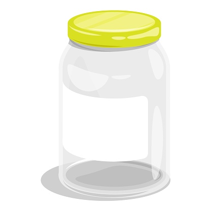 Empty tall glass jar for food canning closed yellow metal lid. Summer harvest and preparation of food stocks for winter. Cartoon vector isolated on white background