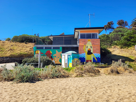 Sandringham, Melbourne, Australia: March 21, 2024: Sandringham Life Saving Club is a charitable organisation. It was founded in 1817 and still provides volunteers who patrol the beach during summer months and events.