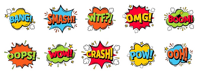 Emotions for comics speech bubble, set with text: Bang and Smash, Wtf and Omg, Boom and more. Vector cartoon explosions with different emotions isolated on white background.