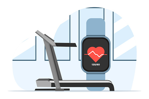Walking Or Running On A Treadmill Using An App On A Smart Watch To Record Health Conditions Heart Rate, Internet Of Things Vector Background, IoT Illustration Banner.