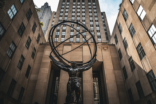 New York, NY, USA - August 8, 2017: The Atlas Statue by the entrance of Rockefeller Center.